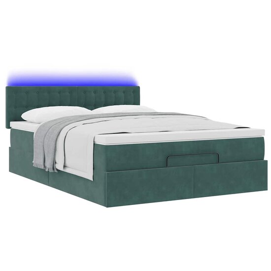 Ottoman Bed Met Matras En Led&#039;s 140X190Cm Fluweel 140 x 190 cm Donkergroen