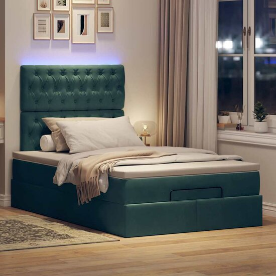 Ottoman Bed Met Matrassen En Led&#039;s 120X200Cm Fluweel 120 x 200 cm Donkergroen