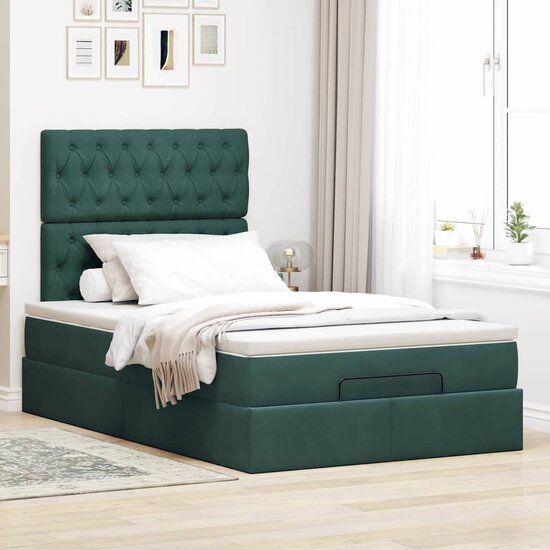 Ottoman Bed Met Matrassen En Led&#039;s 120X200Cm Fluweel 120 x 200 cm Donkergroen