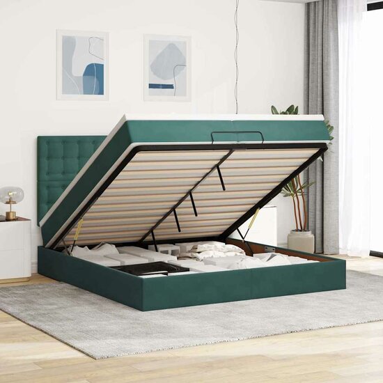 Ottoman Bed Met Matrassen En Led&#039;s 200X200Cm Fluweel 200 x 200 cm Donkergroen