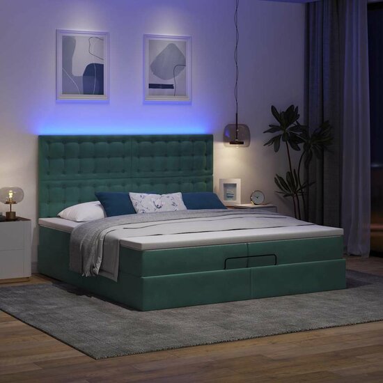 Ottoman Bed Met Matrassen En Led&#039;s 200X200Cm Fluweel 200 x 200 cm Donkergroen