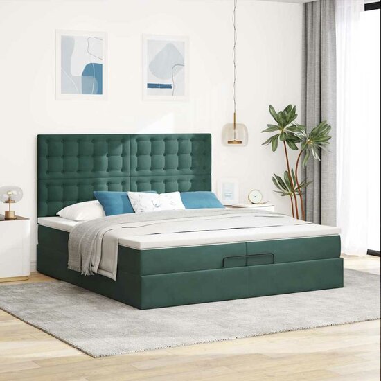 Ottoman Bed Met Matrassen En Led&#039;s 200X200Cm Fluweel 200 x 200 cm Donkergroen