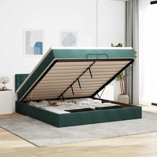 Ottoman Bed Met Matrassen En Led&#039;s 200X200Cm Fluweel 200 x 200 cm Donkergroen