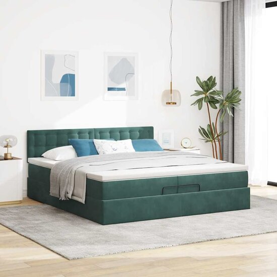 Ottoman Bed Met Matrassen En Led&#039;s 200X200Cm Fluweel 200 x 200 cm Donkergroen