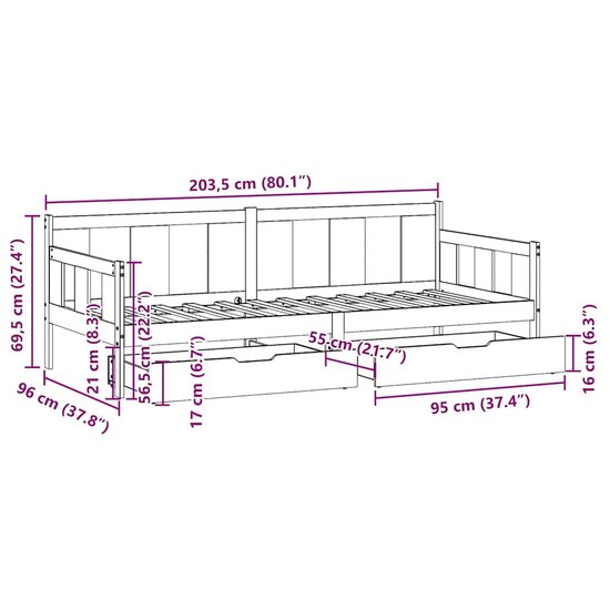 Slaapbank Met Lades Massief Grenenhout 90 x 200 cm