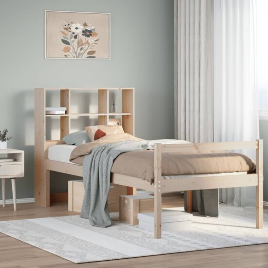 Bed Met Boekenkast Zonder Matras Massief Grenenhout 100 x 200 cm Naturel