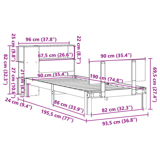 Bed Met Boekenkast Zonder Matras Grenenhout 90 x 190 cm Wit