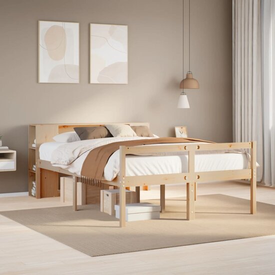 Bed Met Boekenkast Zonder Matras Massief Grenenhout 120 x 190 cm Naturel