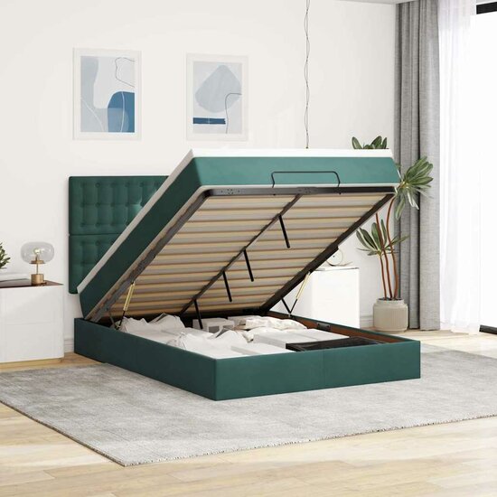 Ottoman Bed Met Matrassen En Led&#039;s 140X190Cm Fluweel 140 x 190 cm Donkergroen