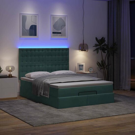 Ottoman Bed Met Matrassen En Led&#039;s 140X190Cm Fluweel 140 x 190 cm Donkergroen