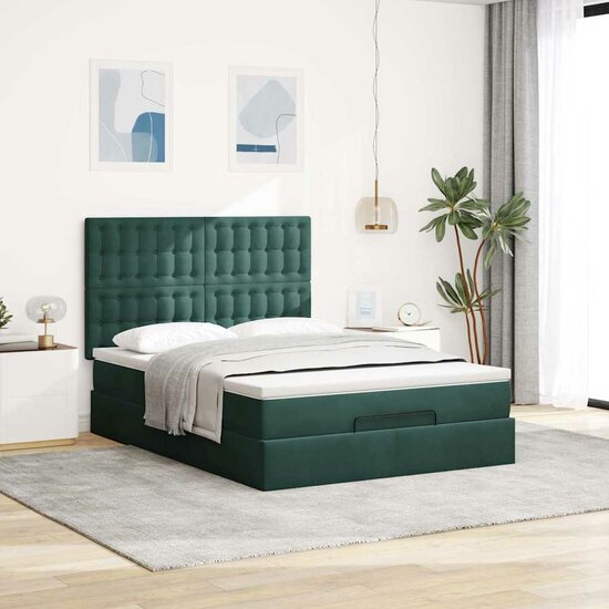 Ottoman Bed Met Matrassen En Led&#039;s 140X190Cm Fluweel 140 x 190 cm Donkergroen