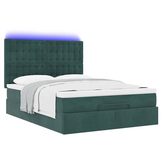 Ottoman Bed Met Matrassen En Led&#039;s 140X190Cm Fluweel 140 x 190 cm Donkergroen