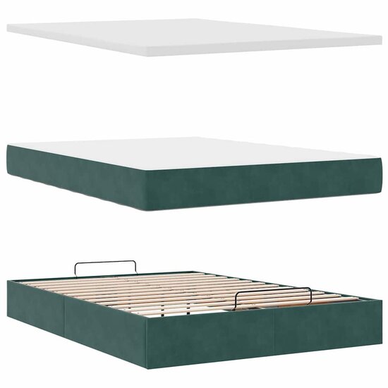 Ottoman Bed Met Matrassen En Led&#039;s 140X190Cm Fluweel 140 x 190 cm Donkergroen