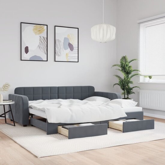 Slaapbank Onderschuifbed En Lades Fluweel 90 x 190 cm Donkergrijs