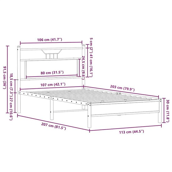 Bedframe Zonder Matras Spaanplaat Ig 107 x 203 cm bruin eikenkleur