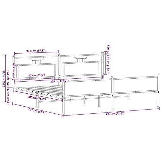 Bedframe Zonder Matras Metaal Ig 200 x 200 cm bruin eikenkleur