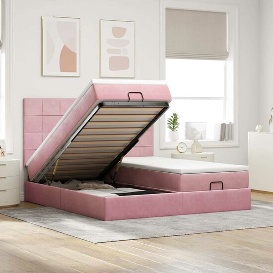 Ottoman Bed Met Matrassen En Led&#039;s 180X200Cm Fluweel 180 x 200 cm Roze