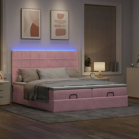 Ottoman Bed Met Matrassen En Led&#039;s 180X200Cm Fluweel 180 x 200 cm Roze