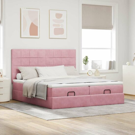 Ottoman Bed Met Matrassen En Led&#039;s 180X200Cm Fluweel 180 x 200 cm Roze