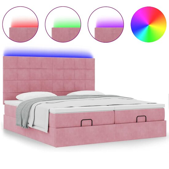 Ottoman Bed Met Matrassen En Led&#039;s 180X200Cm Fluweel 180 x 200 cm Roze