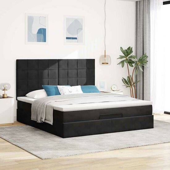 Ottoman Bed Met Matrassen 180X200Cm Fluweel 180 x 200 cm Zwart