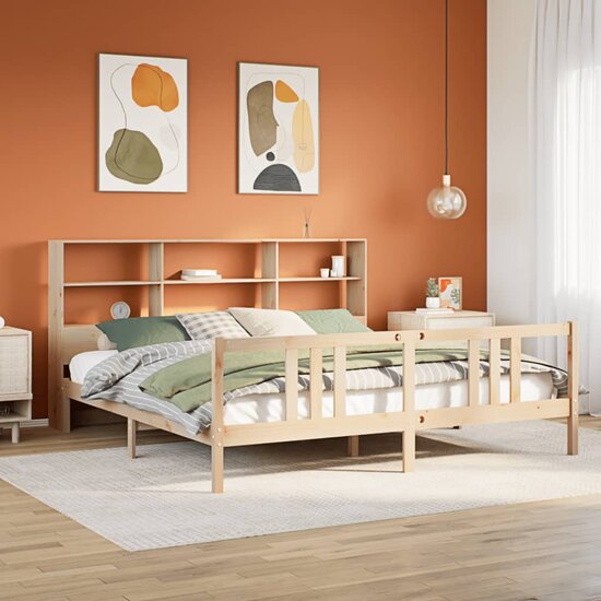 Bed Met Boekenkast Zonder Matras Massief Grenenhout 200 x 200 cm Naturel
