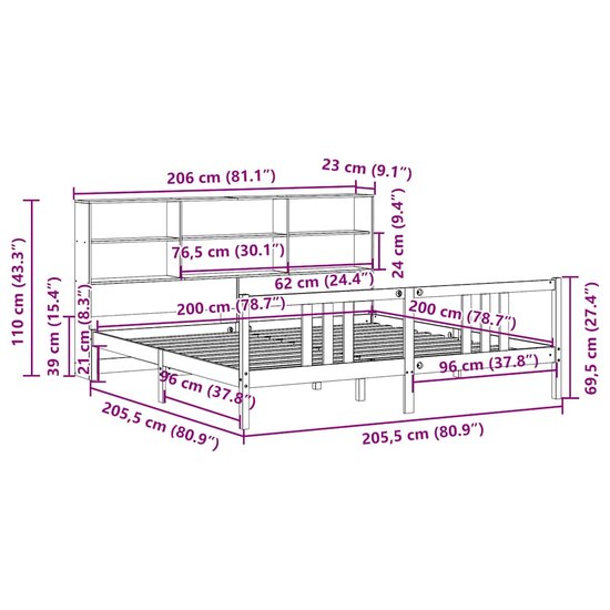 Bed Met Boekenkast Zonder Matras Massief Grenenhout 200 x 200 cm Naturel