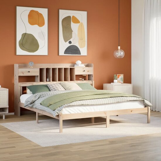 Bed Met Boekenkast Zonder Matras Massief Grenenhout 200 x 200 cm Naturel