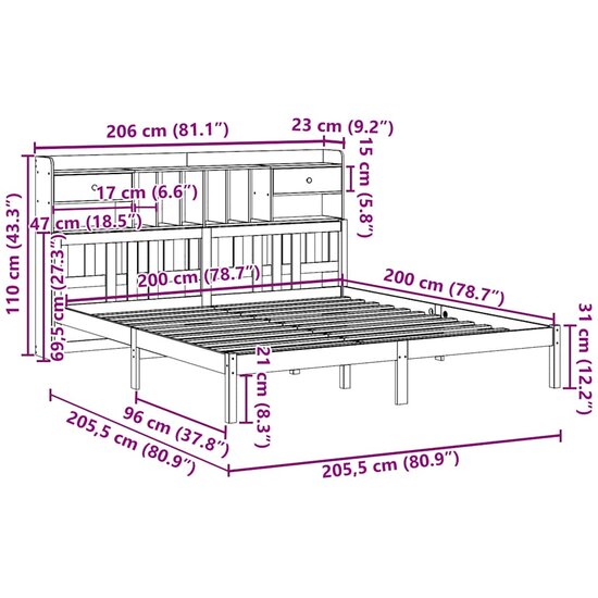 Bed Met Boekenkast Zonder Matras Massief Grenenhout 200 x 200 cm Naturel