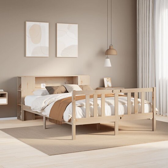 Bed Met Boekenkast Zonder Matras Massief Grenenhout 120 x 200 cm Naturel