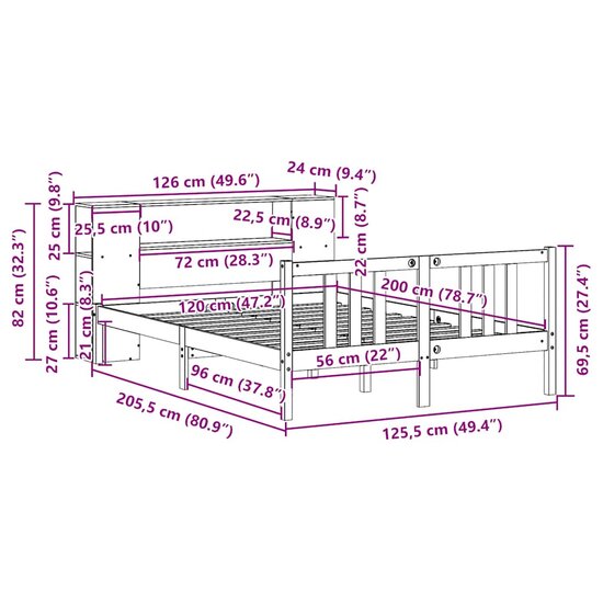 Bed Met Boekenkast Zonder Matras Massief Grenenhout 120 x 200 cm Naturel