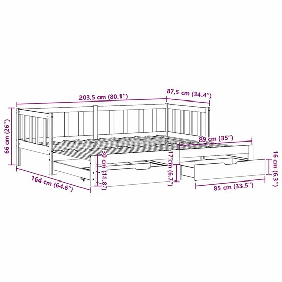 Slaapbank Met Onderschuifbed En Lades Zonder Matras 80 x 200 cm natrual