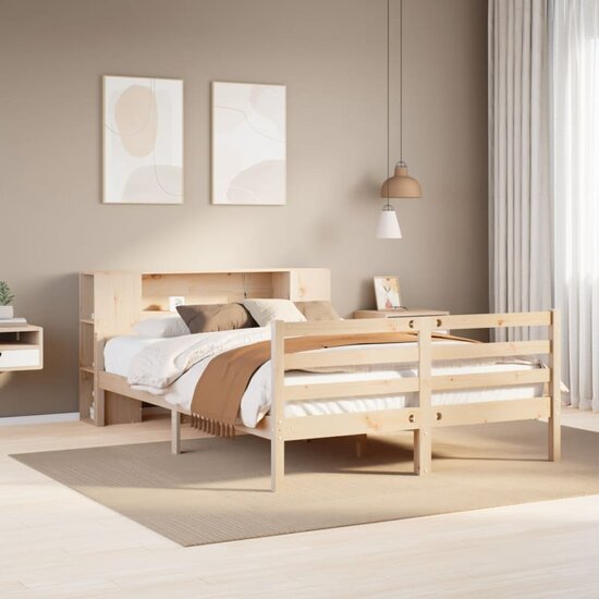 Bed Met Boekenkast Zonder Matras Massief Grenenhout 160 x 200 cm Naturel