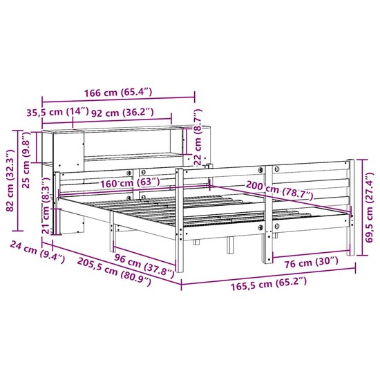 Bed Met Boekenkast Zonder Matras Massief Grenenhout 160 x 200 cm Naturel