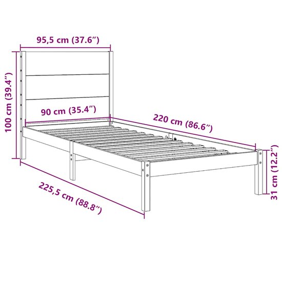 Bedframe Extra Lang Zonder Matras Massief Hout 90 x 220 cm Naturel