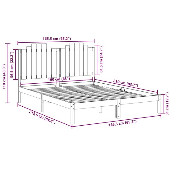 Bedframe Extra Lang Zonder Matras Massief Hout 160 x 210 cm Naturel