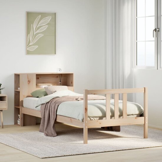 Bed Met Boekenkast Zonder Matras Massief Grenenhout 90 x 190 cm Naturel