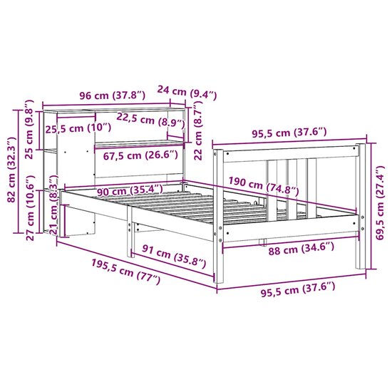 Bed Met Boekenkast Zonder Matras Massief Grenenhout 90 x 190 cm Naturel