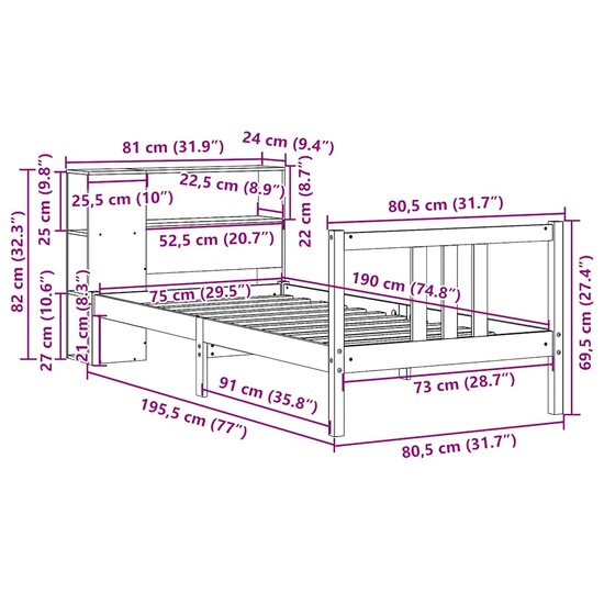 Bed Met Boekenkast Zonder Matras Massief Grenenhout 75 x 190 cm Naturel