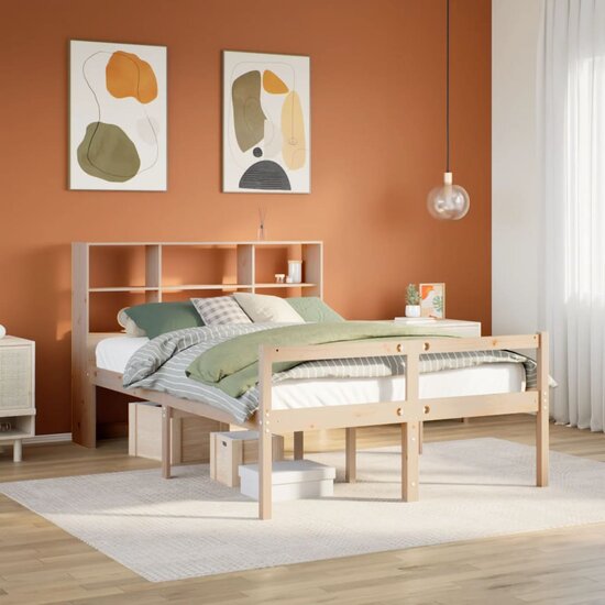 Bed met boekenkast zonder matras massief grenenhout 140x190 cm