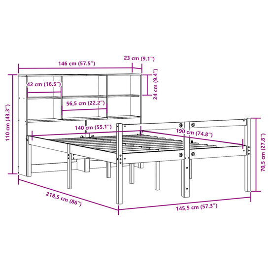 Bed met boekenkast zonder matras massief grenenhout 140x190 cm