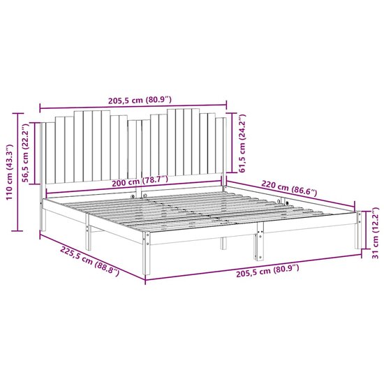 Bedframe Extra Lang Zonder Matras Massief Hout 200 x 220 cm Naturel