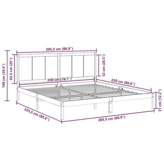 Bedframe Extra Lang Zonder Matras Massief Hout 200 x 220 cm Naturel