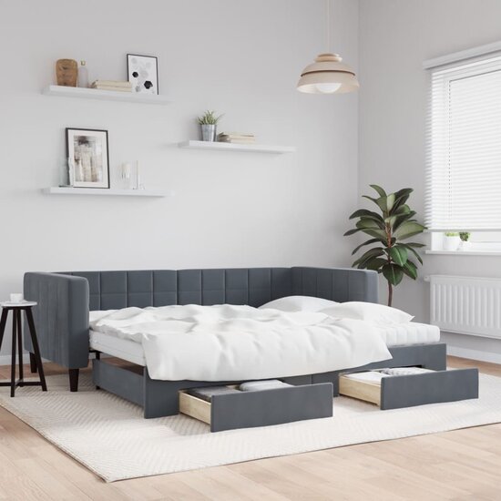 Slaapbank Onderschuifbed En Lades Fluweel 90 x 190 cm Donkergrijs