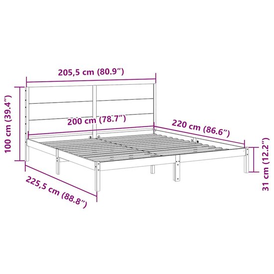 Bedframe Extra Lang Zonder Matras Massief Hout 200 x 220 cm Naturel