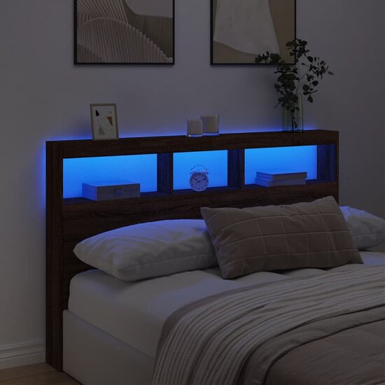 Hoofdbordkast met LED-verlichting 160x17x102 cm bruin eiken
