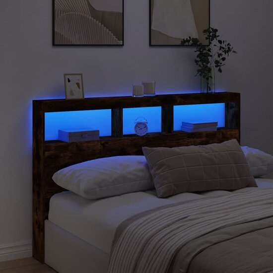 Hoofdbordkast Met Led-Verlichting 160 x 17 x 102 cm Gerookt eiken
