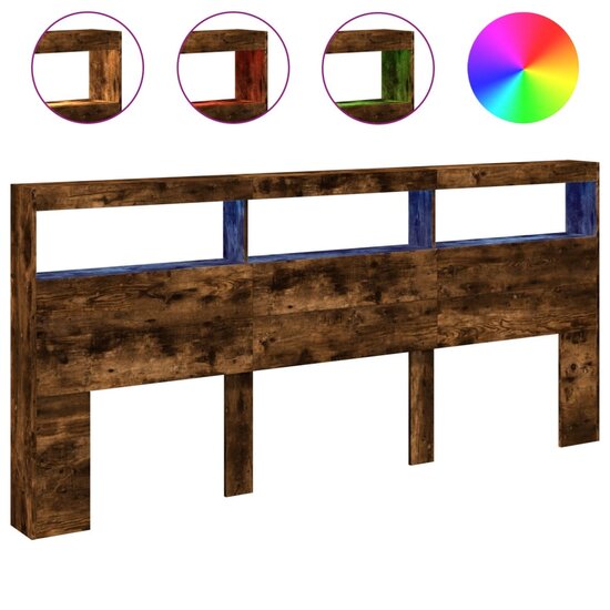Hoofdbordkast met LED-verlichting 220x17x102 cm gerookt eiken