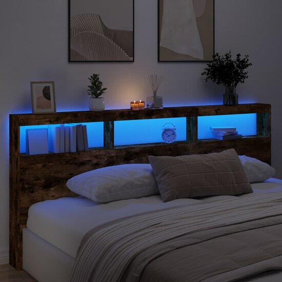 Hoofdbordkast met LED-verlichting 220x17x102 cm gerookt eiken