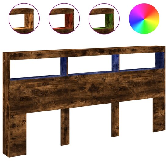 Hoofdbordkast met LED-verlichting 200x17x102 cm gerookt eiken
